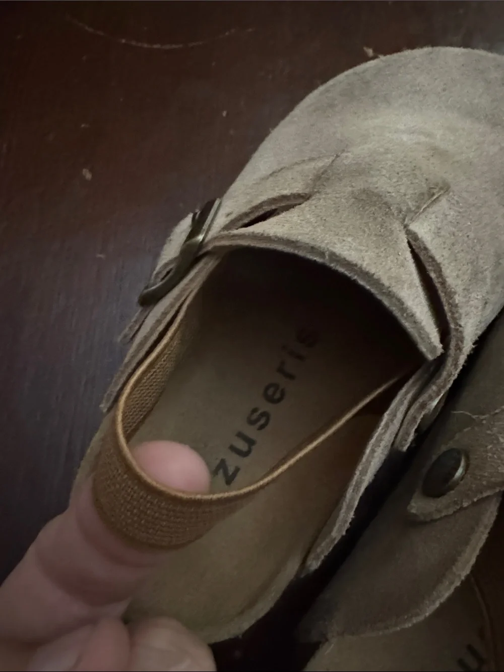 ZUSERIS brand Kids Suede Slingback Clogs in Taupe size 28